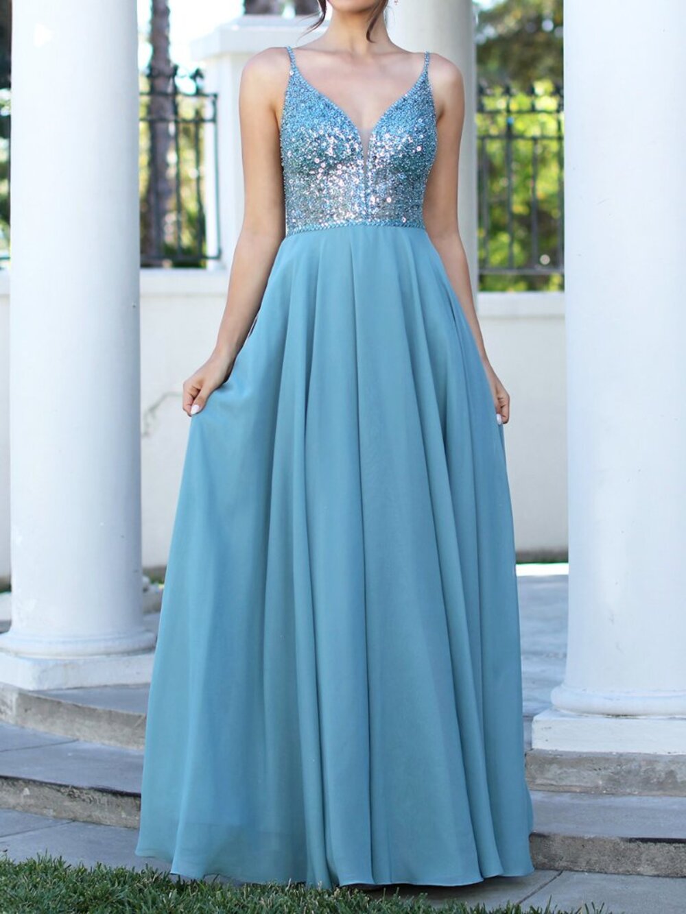 Ocean Blue Sleeveless Sequin Chiffon Formal Wedding Evening Dress 10